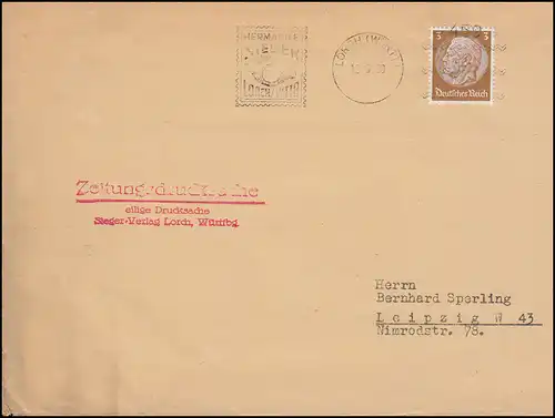 Hindenburg 3 Pf EF auf Zeitungsdrucksache Firma Sieger LORCH 12.5.39 n. Leipzig