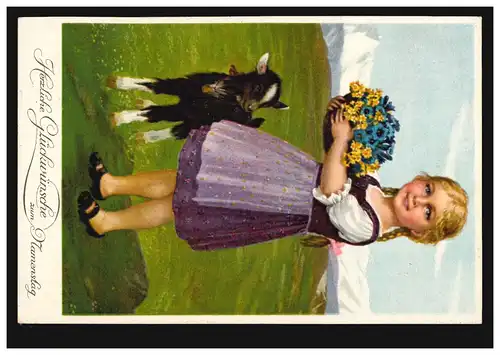 Tiere-AK Namenstage: Mädchen mit Blumen und Ziege auf der Alm, KÜSNACHT 14.10.27