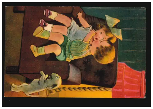 Enfants AK animaux: Le premier baiser, chien jaloux, vers 1920, inutilisé