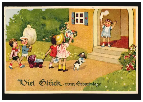 Tiere-AK Kinder-Geburtstag: Die Gäste kommen mit Hund, SSt BERLIN Olympia 1936