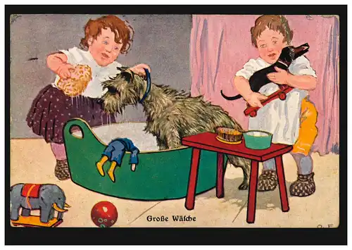 Tiere-AK Kinder waschen Spielzeug und Hund in der Wanne, DÜSSELDORF 7.7.1915