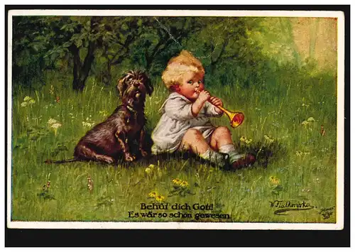 Künstler-AK Wally Fialkowska: Junge mit Flöte und Hund, SPROTTAU 23.1.1924