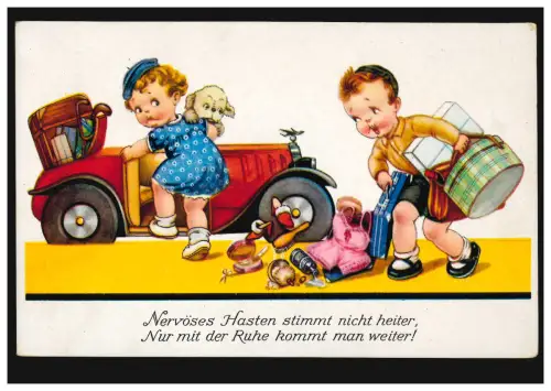 Animaux AK Enfants: Le voyage en voiture avec chien, vers 1930, inutilisé