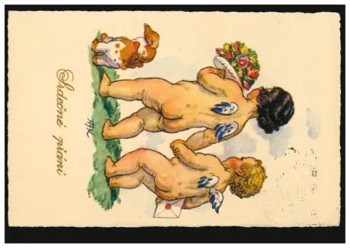 Tiere-AK Kinder: Zwei nackte Engel mit Hund bringen Glückwünsche, 1934