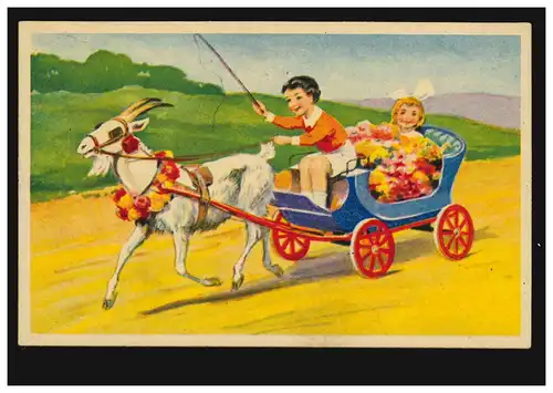 Tiere-AK Ziegenbock zieht Wagen mit Kindern und Blumen, um 1920, ungebraucht