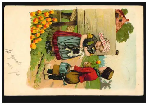 Tiere-AK Kinder in Tracht mit Tulpen und Katze, ´sHERTOGENBOSCH 1904