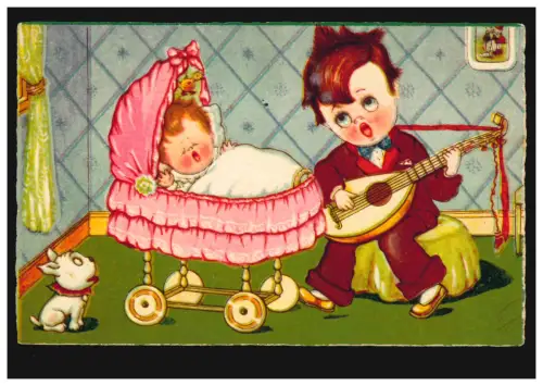 Tiere-AK Junge mit Gitarre singt Nachtlied für Baby und Hund, ROTTERDAM 19.2.31