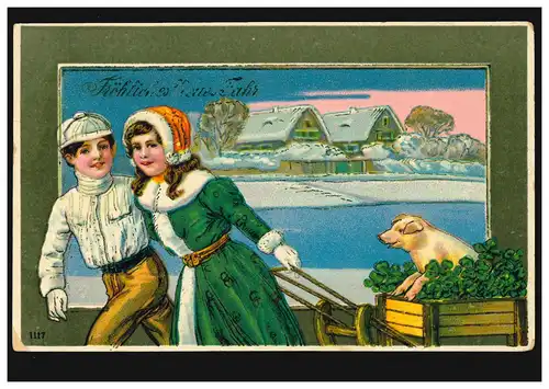 Animaux-AK Nouvel An: Enfants avec traîneaux Bonne chance Tleck Bild, LEUTTERSDORF 1910