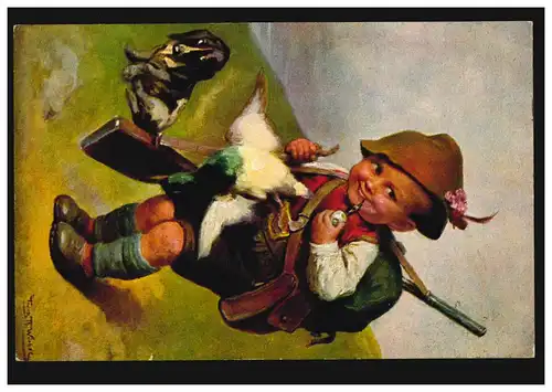 Tiere-AK Kinder: Junge als Jäger mit Ente und Hund, GEHRDEN / LINDEN 25.2.1927