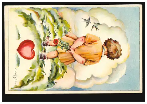 Künstler-AK C. Kotysana: Trauriges Kind mit Rose und Schwalben, gelaufen 1930 