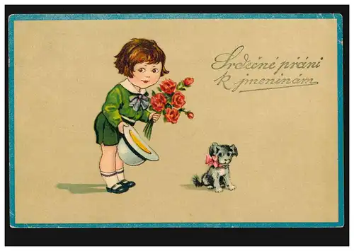 Animaux AK enfant avec chien apporte des fleurs, SMICHOV 23.4.après Pisku