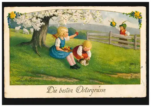 Animaux AK Pâques: Fille avec des œufs Lapin de PÂques Garçon avec couronne de pasques, BAYREUTH