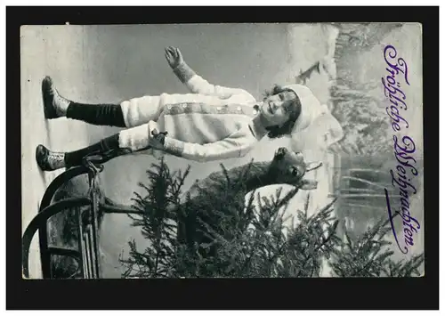 Tiere-AK Weihnachten: Kind mit Schlitten und Reh, OBERHAUSEN 25.12.1914