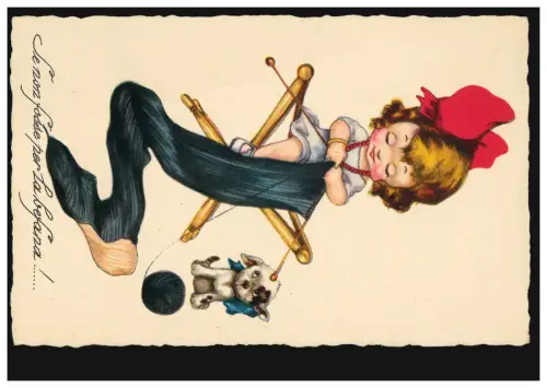 Enfants AK animaux: Filles tricotées avec chien, vers 1915, inutilisé