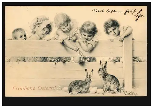 Animaux AK Pâques: Filles avec des lapins et des œufs, HANNOVER 30.3.02 selon DURNUM 31.1.