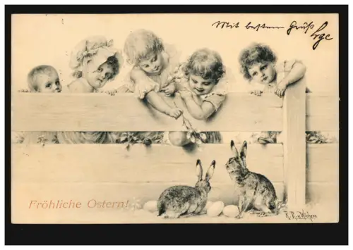 Tiere-AK Ostern: Mädchen mit Hasen und Eiern, HANNOVER 30.3.02 nach DÖRNUM 31.1.