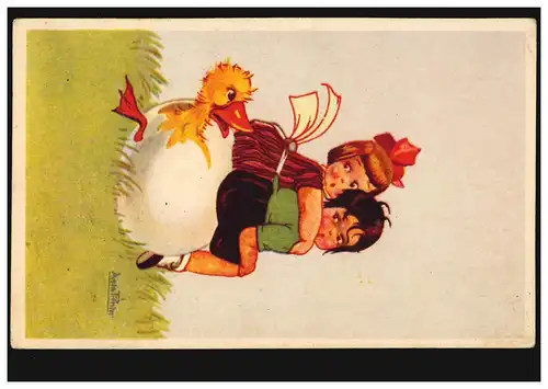 AK Artiste Asta Printer Pâques Filles poussin errant, JAROMER 5.4.1939