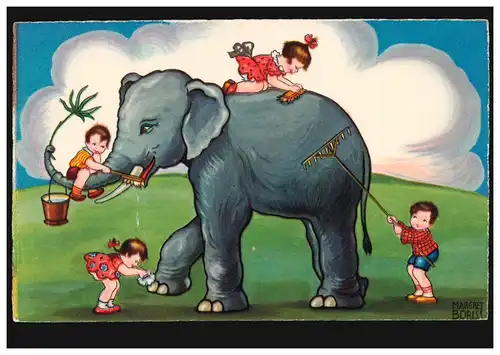 AK Artiste Margret Boriss: Enfants laver les éléphants, vers 1930, inutilisé