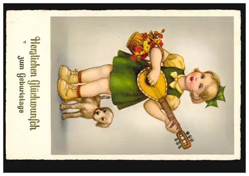 Animaux AK Anniversaire des enfants: Fille avec mandoline et chien, BREMEN 26.5.1939