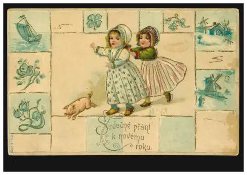 Enfants d'animaux AK: Filles avec cochon chanceux, AUSTERLITZ 31.12.