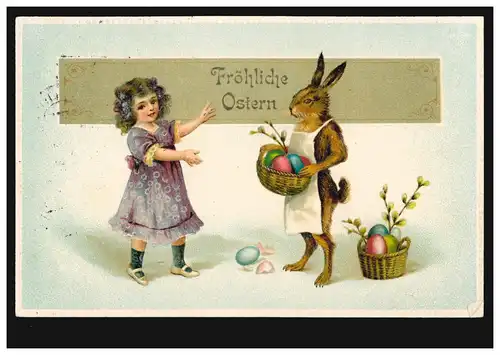 Tiere-AK Ostern: Osterhase mit Schürze, Ostereier, BERLIN-TEMPELHOF 11.4.1914