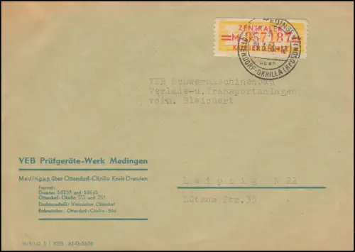 17-M Dienst-B Billett kleine Nummer 357187 Brief Prüfgeräte Werk MEDINGEN 1958