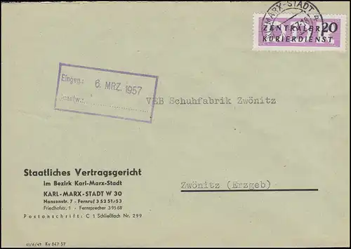 Dienst B ZKD 7 XII Brief Staatliches Vertragsgericht KARL-MARX-STADT 4.3.1957