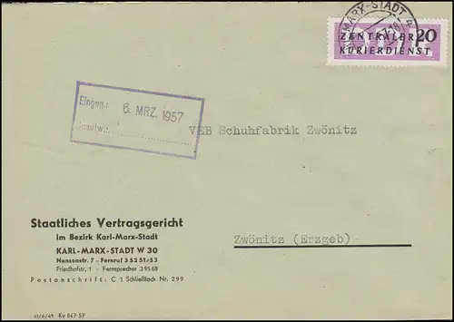 Service B ZKD 7 XII Lettre Tribunal constitutionnel d'État KARL-MARX-STADT 4.3.1957