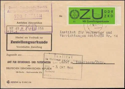 Dienst E 2 Zustellungsurkunde Brief Erfindungs- und Patentwesen BERLIN 1.10.1966