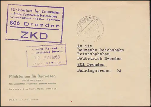 Lettre de ZKD Ministère de la Construction DRESDEN 11.5.1965 à Reichsbahnbau Dresde