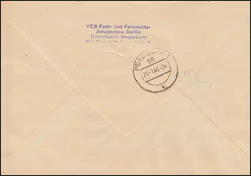 Lettre de la ZKD VEB Radio et Télécommunications Construction Berlin MAGDEBURG 22.1.1969