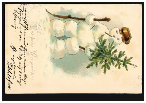 Prägekarte Weihnachten Rauchender Schneemann mit Tanne, RATINGEN 24.12.1901