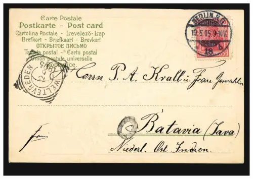 Prägekarte Pfingsten Engel mit Maiglöckchen, BERLIN 19.5.1905  nach Batavia