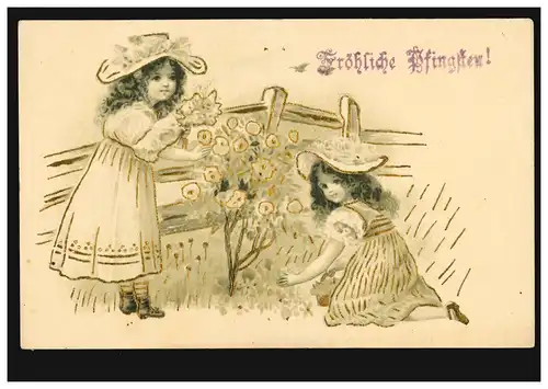 Carte de pré-repas Pentecôte Deux filles en cueillettes de fleurs d'or de relief, inutilisé