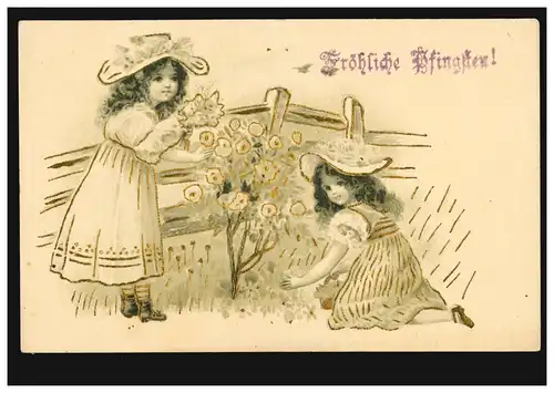 Prägekarte Pfingsten Zwei Mädchen beim Blumenpflücken Goldprägung, ungebraucht  