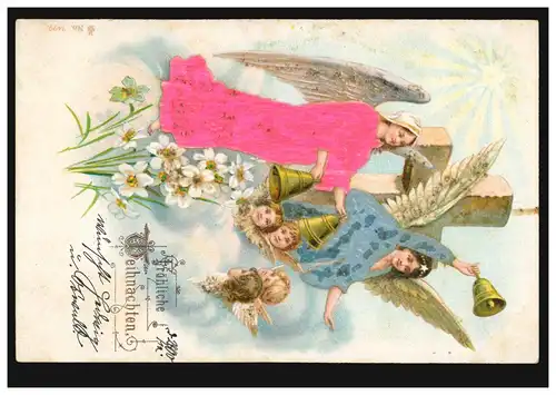 Prägekarte Weihnachten Engel Glocken Kreuz, beschriftet, um 1910 