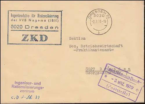 Lettre ZKD Bureau d'ingénierie pour la rationalisation de VVB Nagema Dresden 20 - 2.3.70