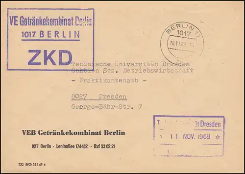 Lettre de ZKD VE Brinkkombinat BERLIN 17 - 10.11.69 à Technische Universität in Dresde