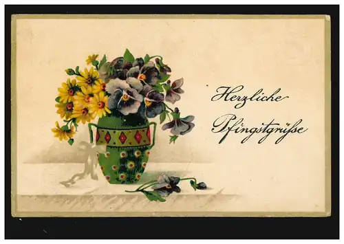 Prägekarte Pfingsten Blumen in Vase, GLESCHENDORF 1. (FÜRSTT. LÜBECK) 7.6.1919