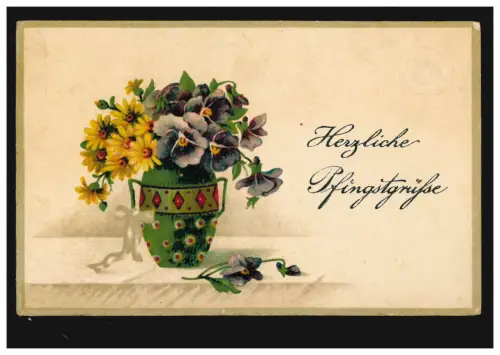 Prägekarte Pfingsten Blumen in Vase, GLESCHENDORF 1. (FÜRSTT. LÜBECK) 7.6.1919