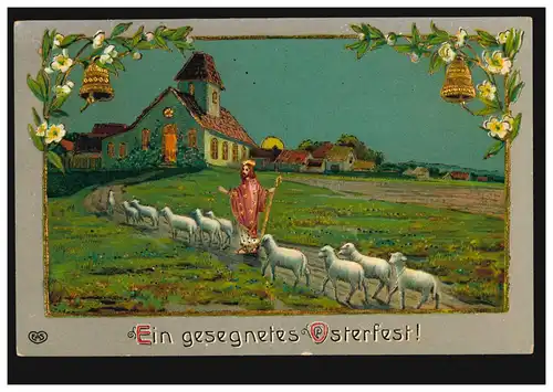 Carte de Pâques Paysage avec des cloches de moutons du Christ, couru 1924