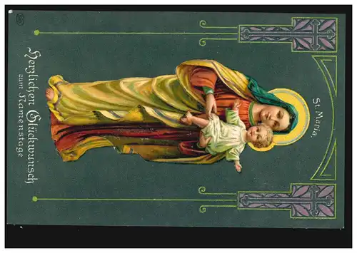 Prägekarte Namenstag Jugendstil Maria mit Kind, um 1910, ungebraucht