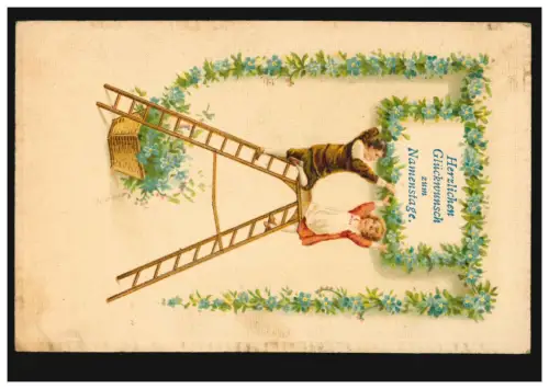 Prägekarte Namenstag Kinder auf Leiter Veilchengirlande, CREFELD-OPPUM 22.7.10