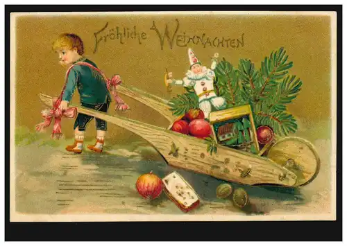Prägekarte Weihnachten Kind mit Schubkarre voller Geschenke, MÜNCHEN 23.12.1915