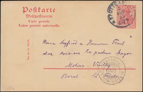 Postkarte P 59 von STUTTGART 5.8.1907 nach MOTIER-VUILLY (FRIBOURG) 6.8.07