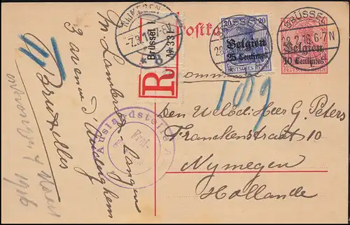 Belgien Postkarte P 2 mit 4 als R-PK BRÜSSEL 28.2.16 mit Zensur nach Nymegen