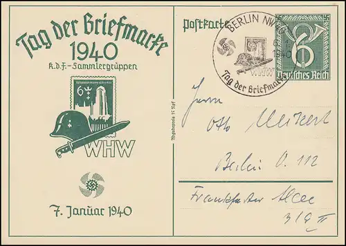 P 288 Tag der Briefmarke WHW passender SSt BERLIN NW 40 - 6.1.1940 Ortspostkarte