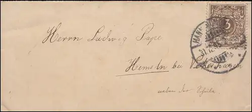 45 Ziffer 3 Pf. EF auf Drucksache / Damenbrief HANNOVER 31.12.1895 nach Hemeln
