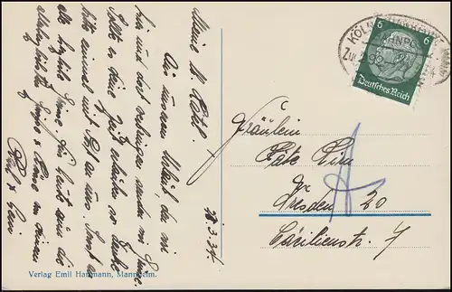 Poste ferroviaire KÖLN - FRANKFURT/MAIN ZUG 292 - 21.3.34 à AK Wiesbaden Théâtre d'Etat