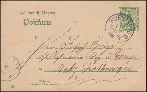 Postkarte P 66/01 mit DV 03 WÜRZBURG 24.11.1902 nach Metz/Lothringen